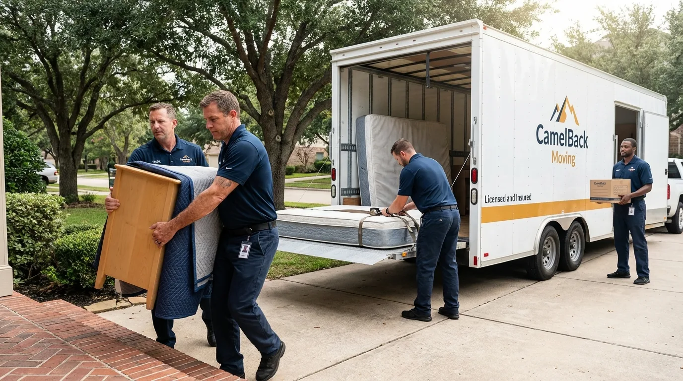 Crew loading residential truck for cross-state move from Muenster, TX