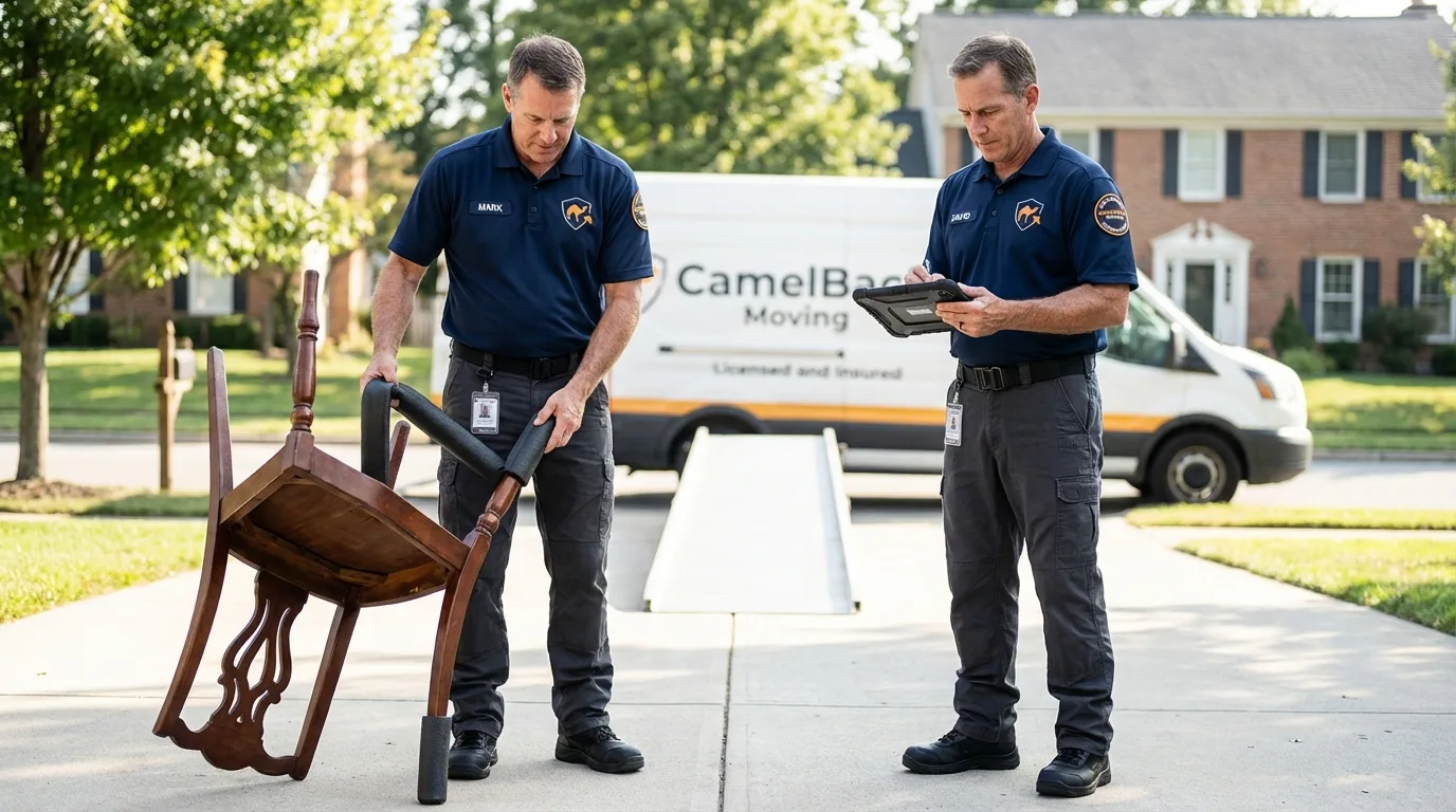 Movers inspecting furniture for damage prevention before loading in Muenster, TX