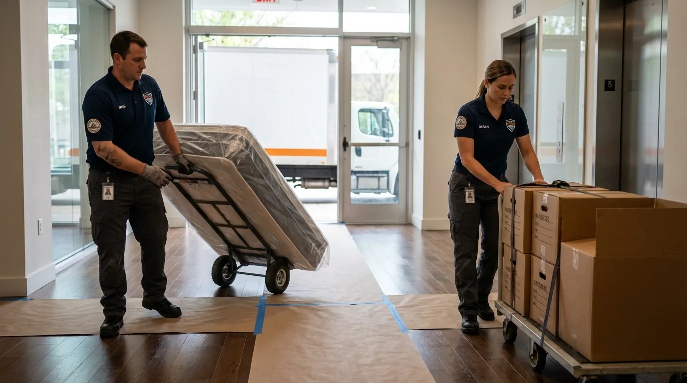 Professional apartment movers loading elevator in Muenster, TX