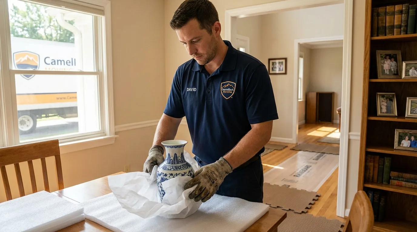 Professional crew carefully wrapping antique vase for senior downsizing move in Muenster, TX